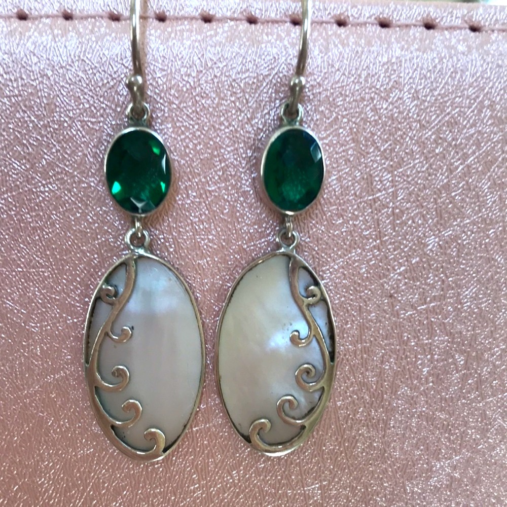 A pair of Mother of Pearl and Green Crystal Earrings